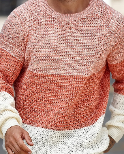 Men’s Color Blocked Knitted Pullover - Casual Round-Neck Style