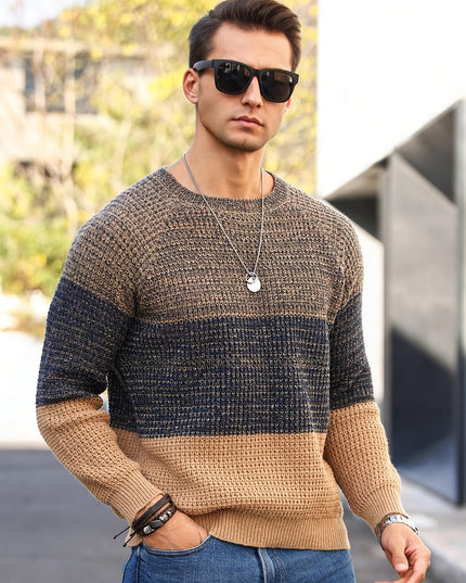 Men’s Color Blocked Knitted Pullover - Casual Round-Neck Style