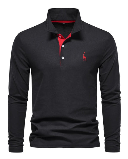 Men's Deer Embroidery Polo Shirt - Casual Long Sleeve