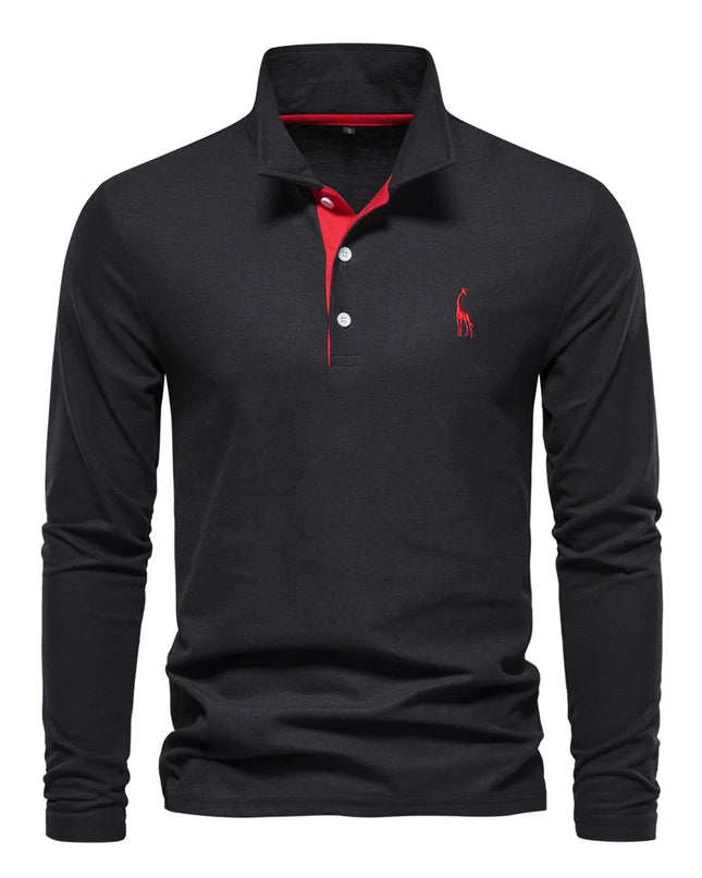 Men's Deer Embroidery Polo Shirt - Casual Long Sleeve