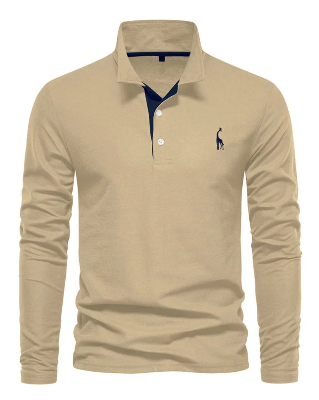 Men’s Deer Embroidery Polo Shirt - Casual Long Sleeve