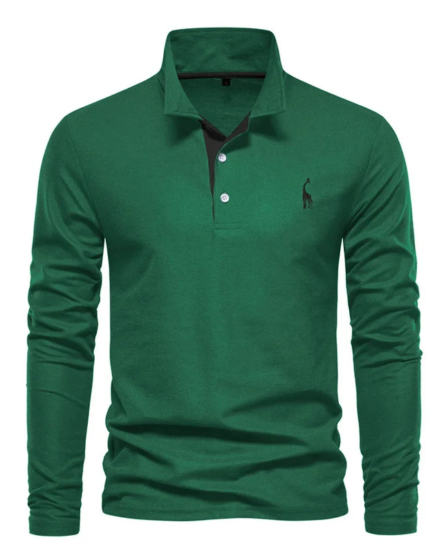 Men’s Deer Embroidery Polo Shirt - Casual Long Sleeve