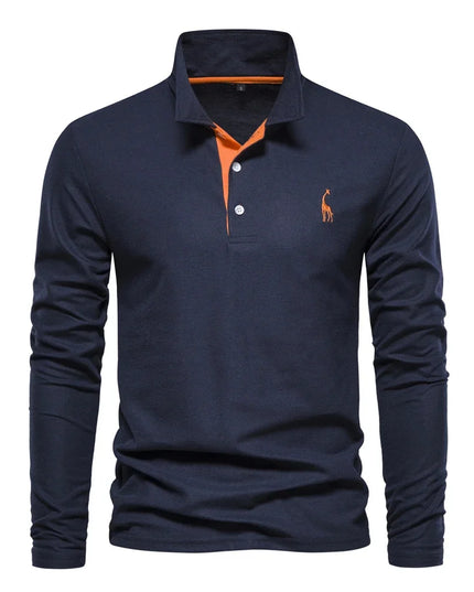 Men's Deer Embroidery Polo Shirt - Casual Long Sleeve