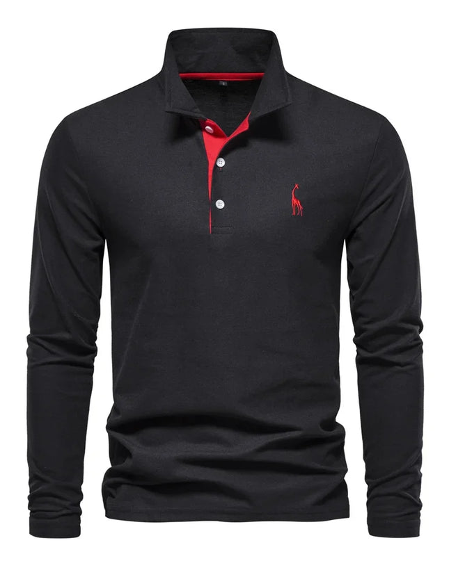 Men’s Deer Embroidery Polo Shirt - Casual Long Sleeve