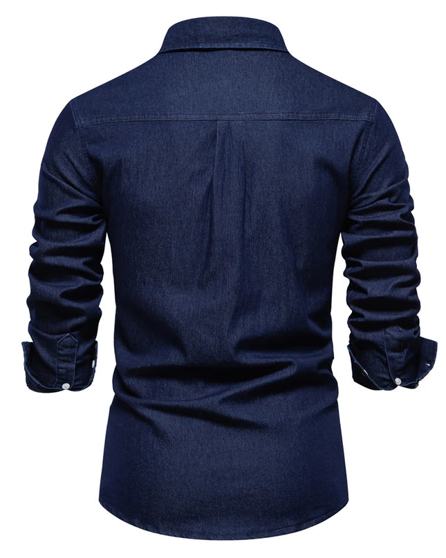 Men's Denim Shirt - Casual Cotton Blend with Double Pockets
