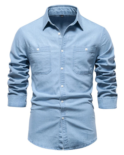 Men's Denim Shirt - Casual Cotton Blend with Double Pockets