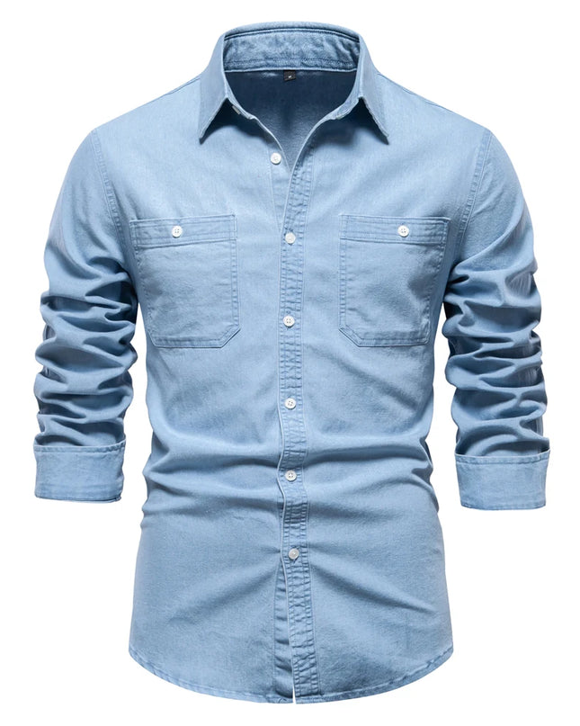 Men's Denim Shirt - Casual Cotton Blend with Double Pockets