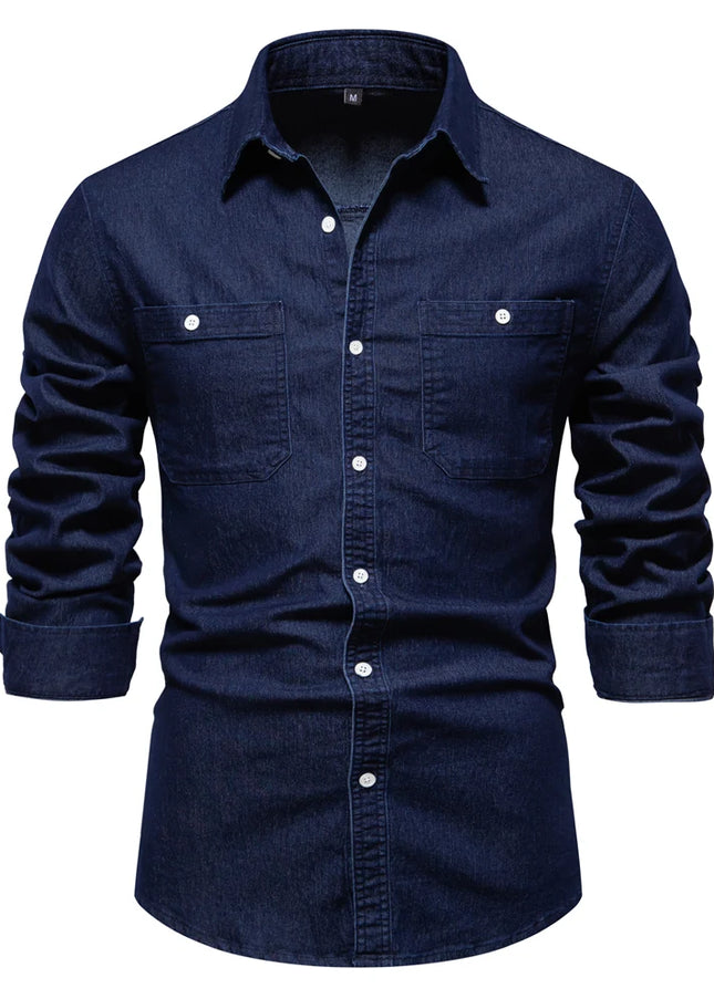 Men's Denim Shirt - Casual Cotton Blend with Double Pockets