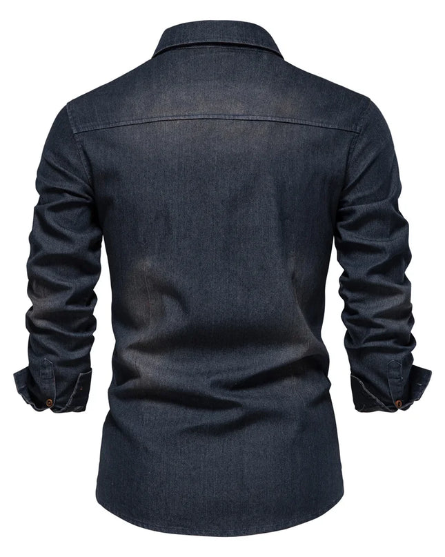 Men's Elastic Cotton Denim Shirt - Casual Slim Fit Long Sleeve