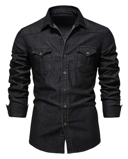 Men's Elastic Cotton Denim Shirt - Casual Slim Fit Long Sleeve