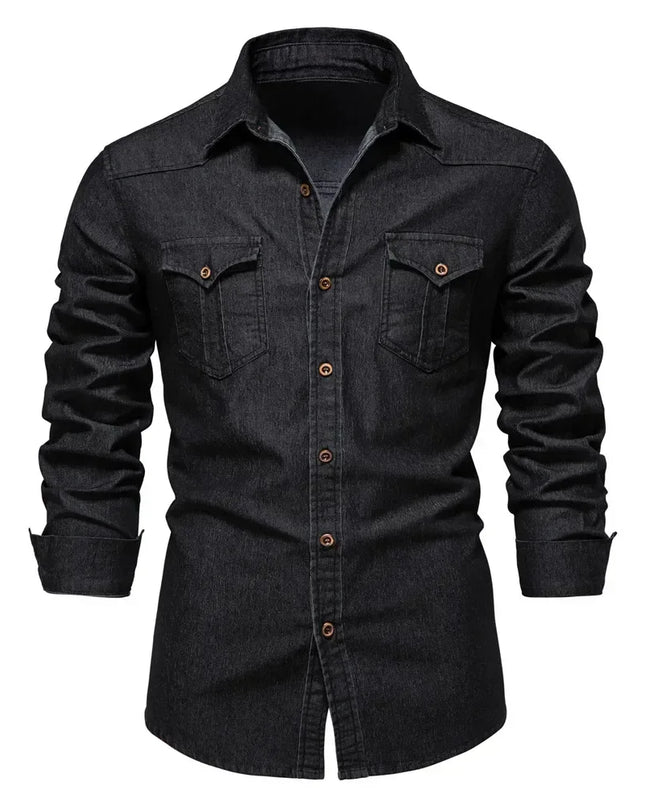 Men's Elastic Cotton Denim Shirt - Casual Slim Fit Long Sleeve