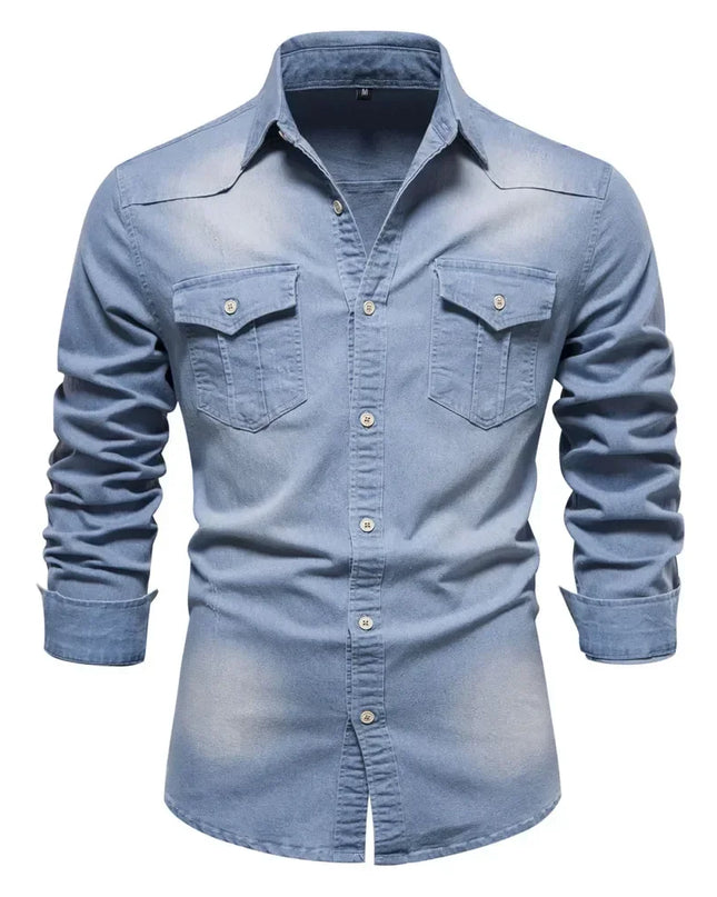 Men's Elastic Cotton Denim Shirt - Casual Slim Fit Long Sleeve