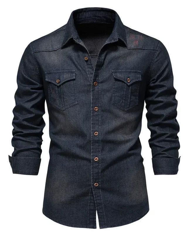 Men's Elastic Cotton Denim Shirt - Casual Slim Fit Long Sleeve