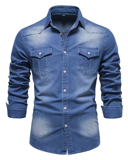 Men's Elastic Cotton Denim Shirt - Casual Slim Fit Long Sleeve