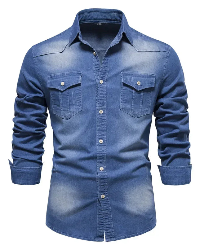 Men's Elastic Cotton Denim Shirt - Casual Slim Fit Long Sleeve