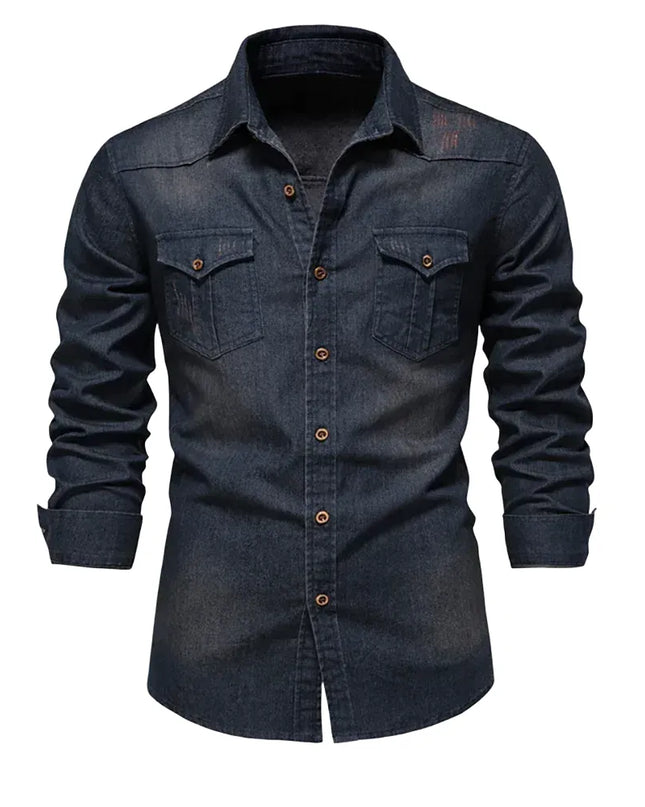 Men's Elastic Cotton Denim Shirt - Casual Slim Fit Long Sleeve
