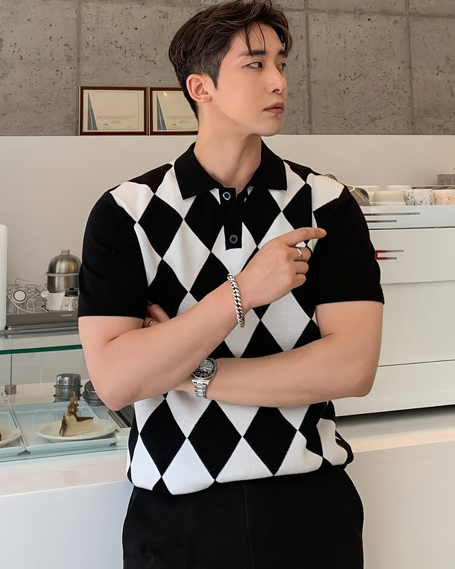Men's Geometric Polo Shirt - Casual Summer Short Sleeve Knit