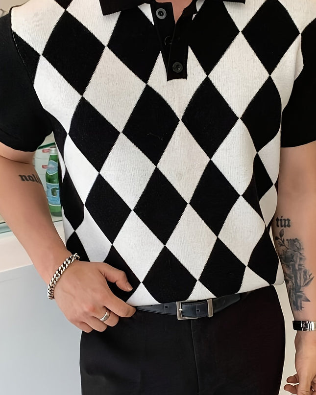Men's Geometric Polo Shirt - Casual Summer Short Sleeve Knit