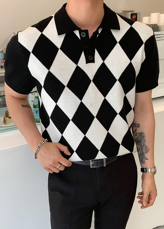 Men's Geometric Polo Shirt - Casual Summer Short Sleeve Knit