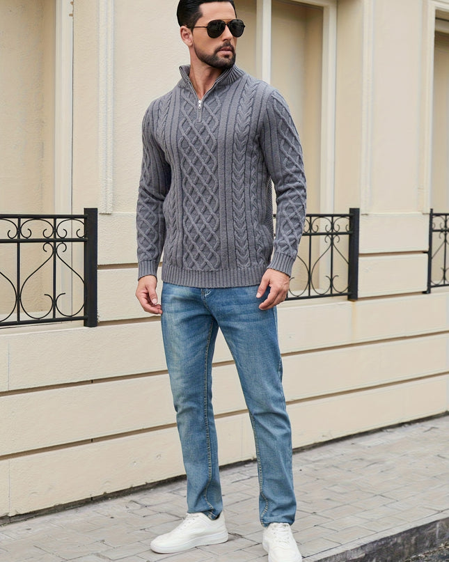 Men's Half-Zip Cable Knit Sweater - Warm Geometric Design