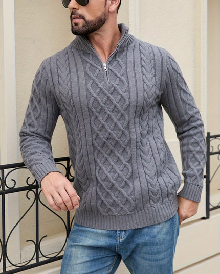 Men's Half-Zip Cable Knit Sweater - Warm Geometric Design