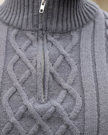 Men's Half-Zip Cable Knit Sweater - Warm Geometric Design