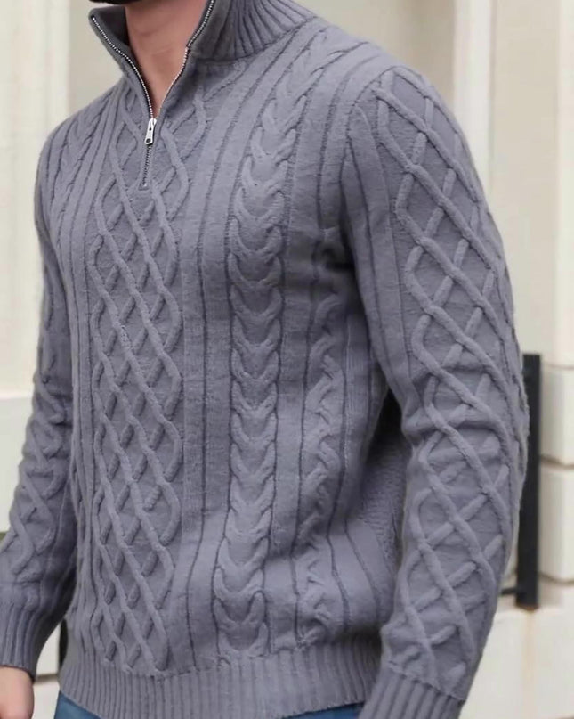 Men's Half-Zip Cable Knit Sweater - Warm Geometric Design