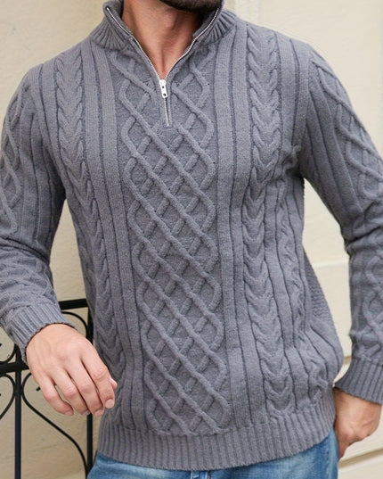 Men's Half-Zip Cable Knit Sweater - Warm Geometric Design