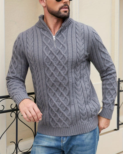 Men's Half-Zip Cable Knit Sweater - Warm Geometric Design