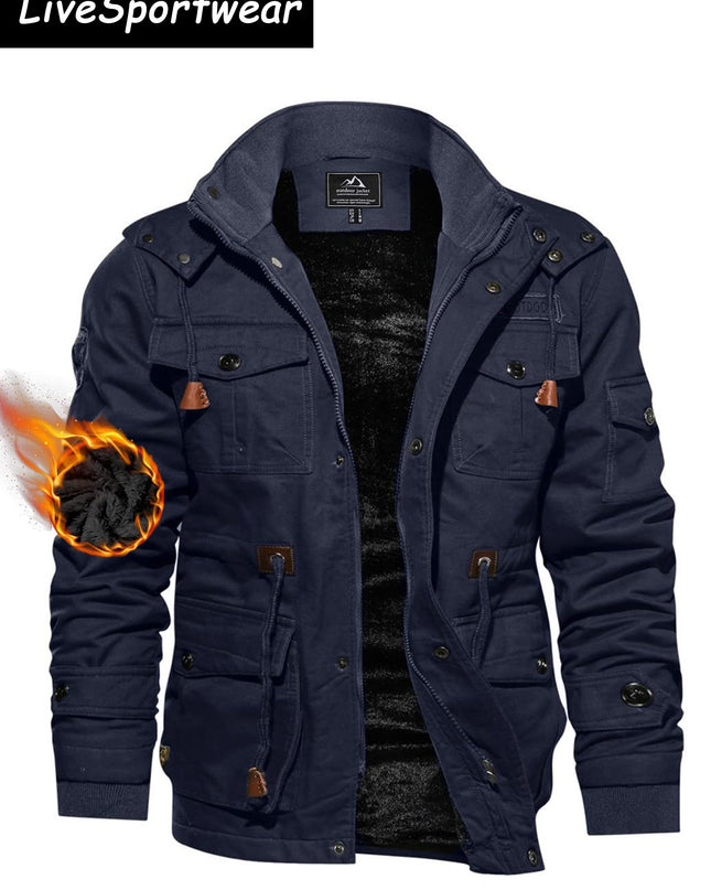 Men's Heavy-Duty Winter Jacket - Windproof, Multiple Pockets, Removable Hood