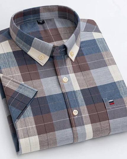 Men's High-Quality Cotton Short Sleeve Plaid Shirt - Plus Size 5XL-7XL