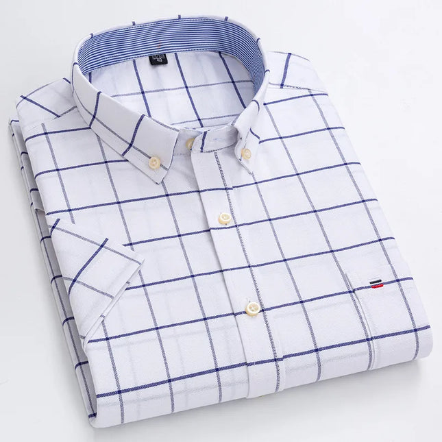 Men's High-Quality Cotton Short Sleeve Plaid Shirt - Plus Size 5XL-7XL