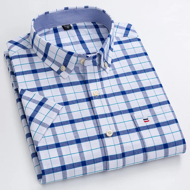 Men's High-Quality Cotton Short Sleeve Plaid Shirt - Plus Size 5XL-7XL