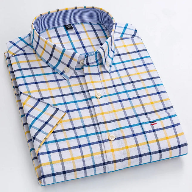 Men's High-Quality Cotton Short Sleeve Plaid Shirt - Plus Size 5XL-7XL