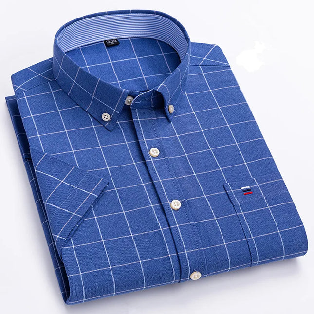 Men's High-Quality Cotton Short Sleeve Plaid Shirt - Plus Size 5XL-7XL