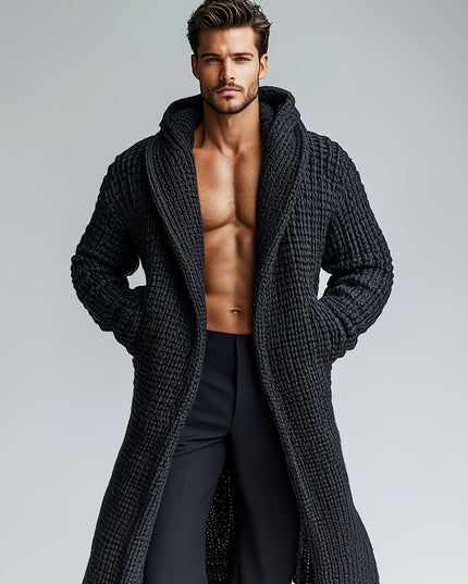 Men's Hooded Knitted Cardigan - Casual, Thick Yarn, Pockets