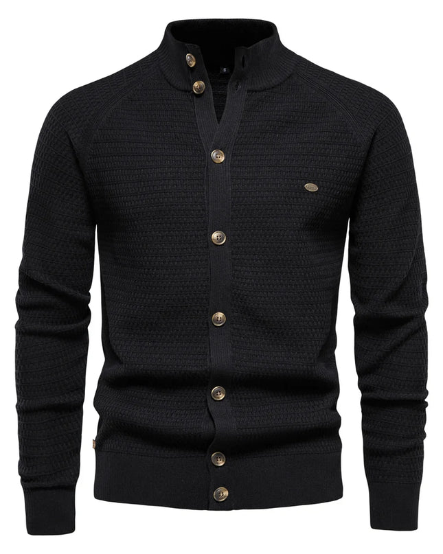 Men's Knitted Cardigan - Cotton Button Mock Neck Sweater