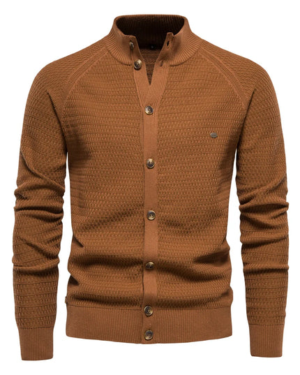 Men's Knitted Cardigan - Cotton Button Mock Neck Sweater