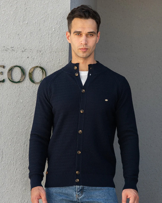 Men's Knitted Cardigan - Cotton Button Mock Neck Sweater