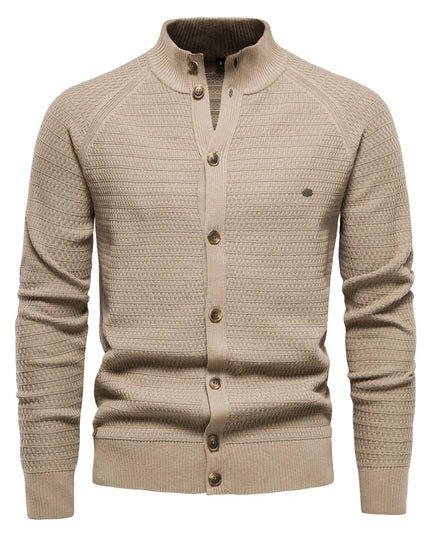 Men's Knitted Cardigan - Cotton Button Mock Neck Sweater