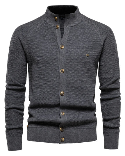 Men's Knitted Cardigan - Cotton Button Mock Neck Sweater