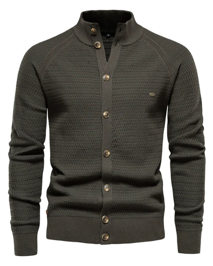 Men's Knitted Cardigan - Cotton Button Mock Neck Sweater