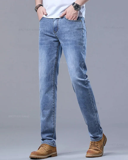 Men's Light Blue Slim Jeans - Casual Stretch Denim Trousers