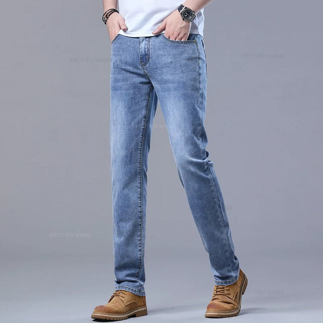 Men's Light Blue Slim Jeans - Casual Stretch Denim Trousers