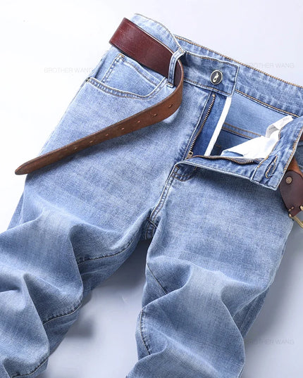 Men's Light Blue Slim Jeans - Casual Stretch Denim Trousers