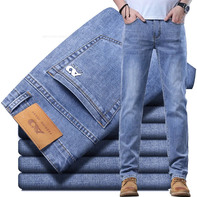 Men's Light Blue Slim Jeans - Casual Stretch Denim Trousers