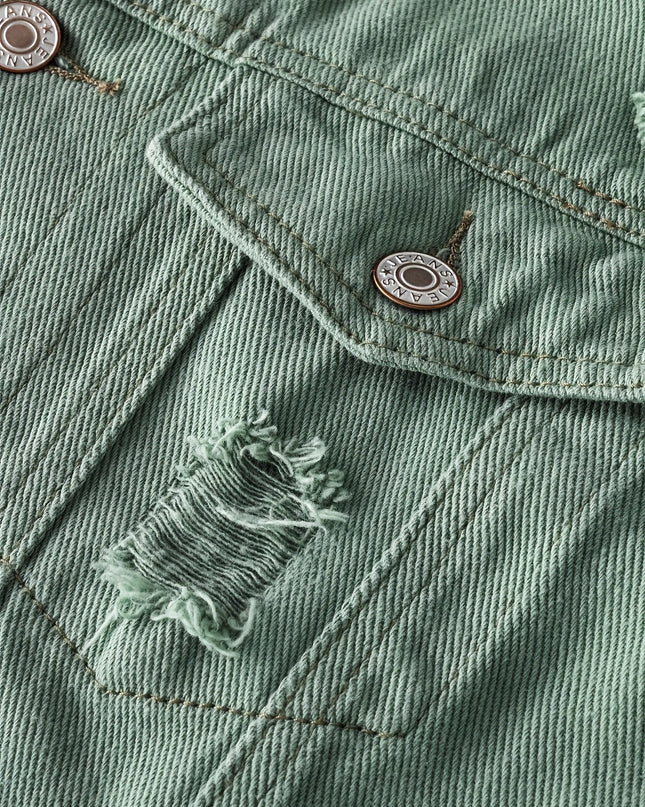 Men's Light Green Distressed Denim Jacket - Oversized Casual Style