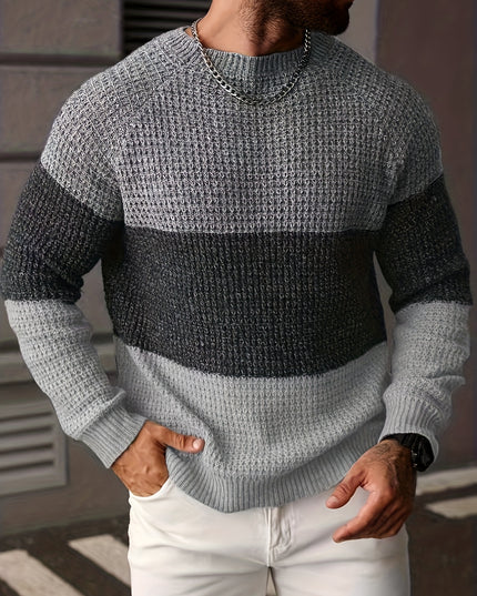 Men's Long-Sleeve Knitted Sweater - Casual Color Block Design