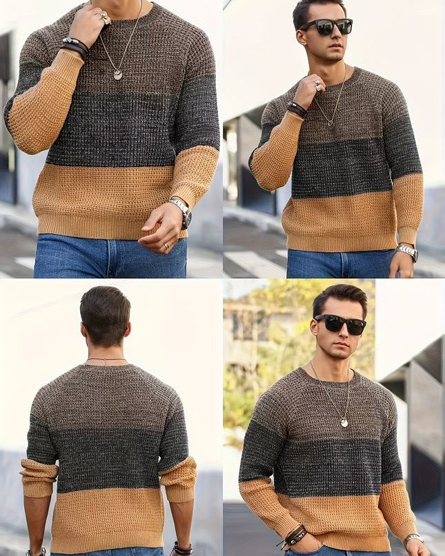 Men's Long-Sleeve Knitted Sweater - Casual Color Block Design