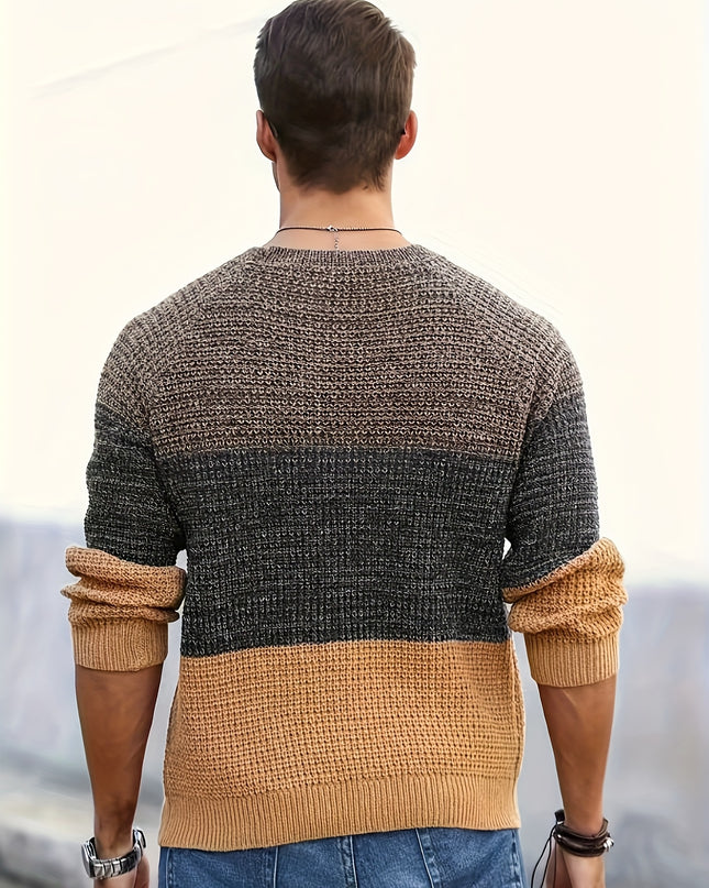 Men's Long-Sleeve Knitted Sweater - Casual Color Block Design